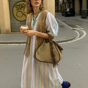 90's Striped Duster Pastel Wide Angel Sleeve Midi Zipper Front V-Neck 3/4 Maxi